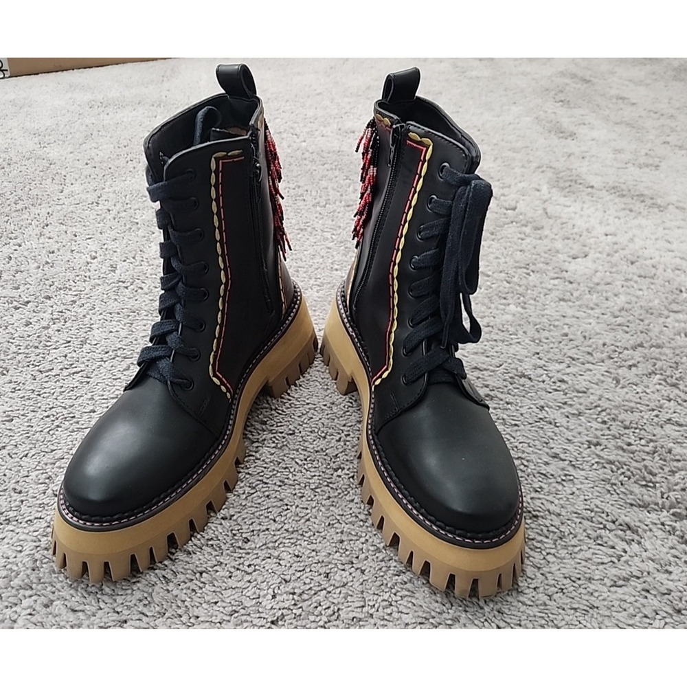 Farm Rio Boots Womens 8 Black Beaded Palm Tree Embroidery Lace Up Chunky Combat